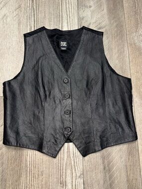 Jacque & Koko Mens Leather Vest Black 4 Button Satan Back Cinch Belt 14/16 L